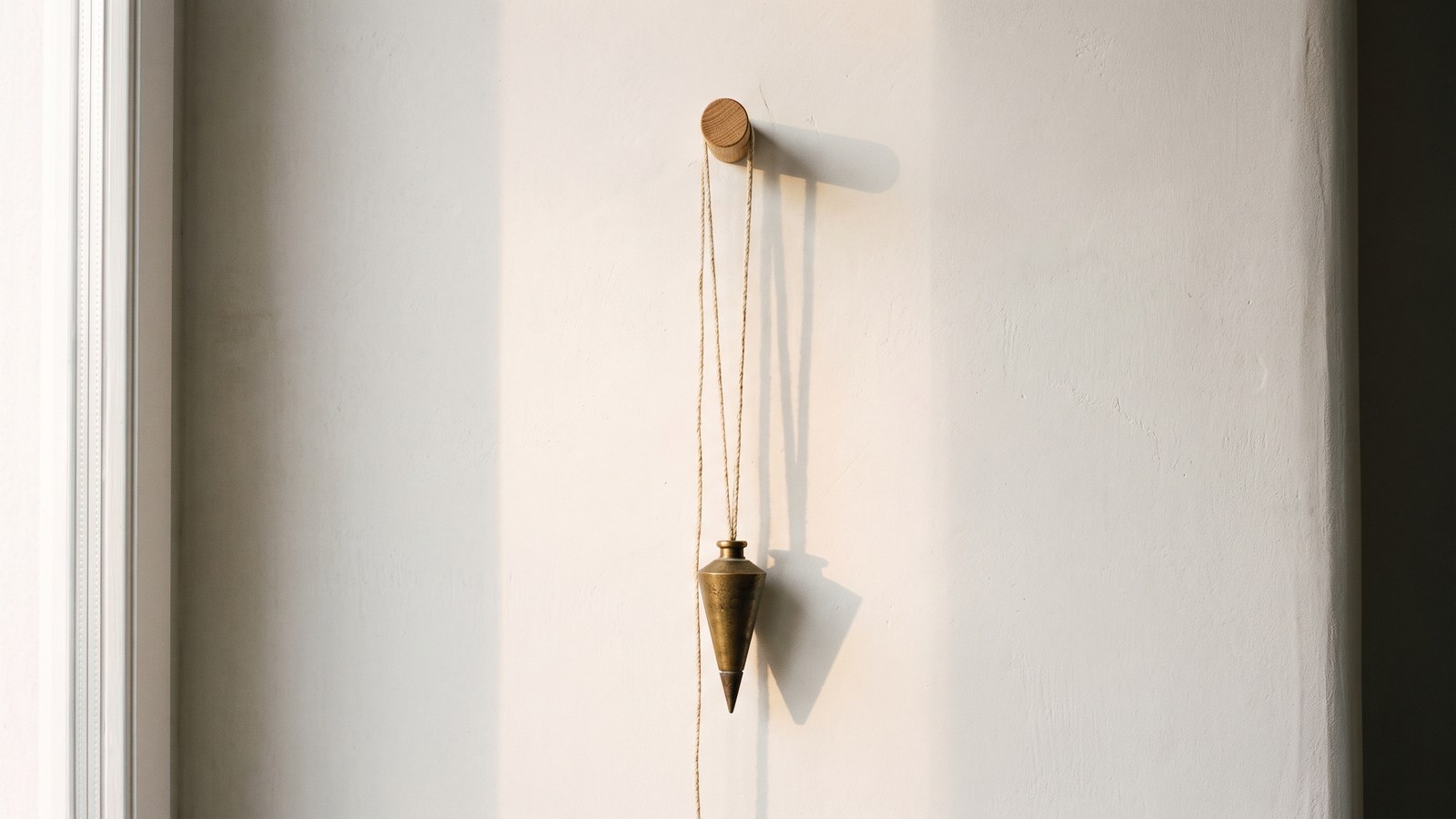 An aged brass plumb bob hanging still on a twisted linen cord from a single oak peg, in front of a lime-plaster wall, soft morning light from a window at the left throwing one clean shadow of the cord and bob across the plaster.