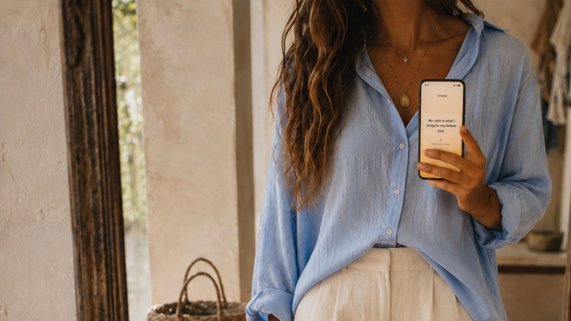 A woman in a blue linen shirt holds up an iPhone showing the Dewlight app, standing in a sunlit lime-plastered room beside a tall framed mirror.