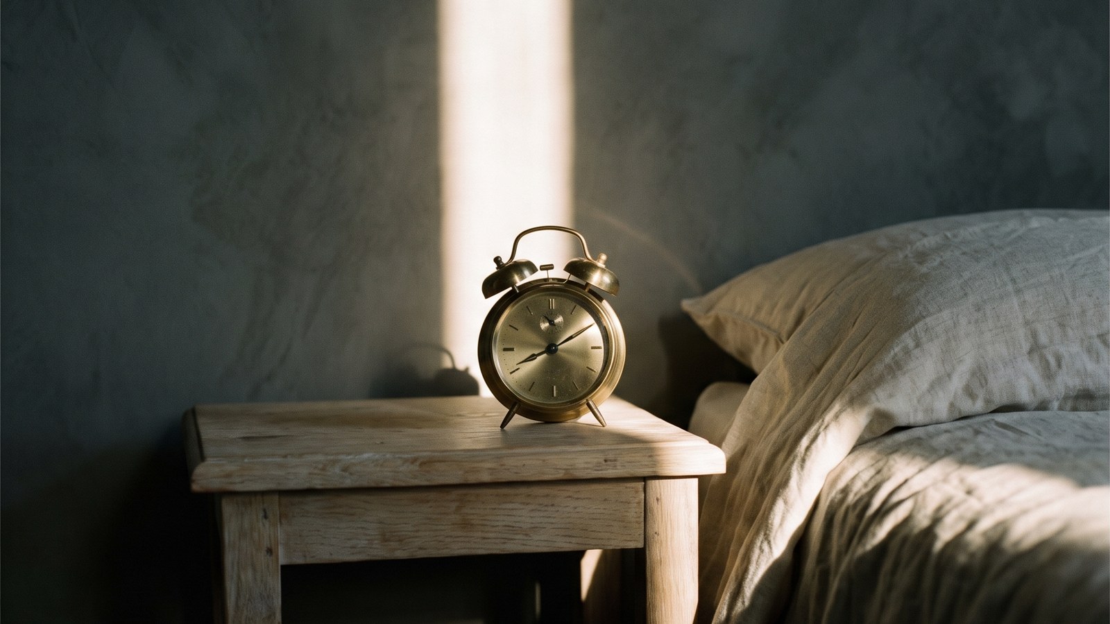 A small brass twin-bell alarm clock on a rustic pale-oak bedside stool beside rumpled undyed linen bedding, a narrow shaft of morning sun falling down a lime-plaster wall behind it, the rest of the room in soft shadow.