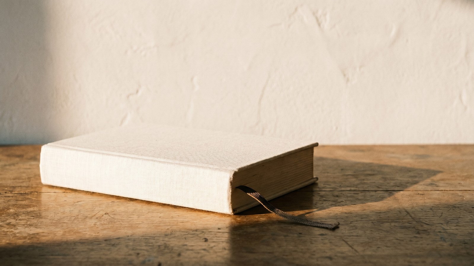A plain linen-bound book on a worn oak table against a lime-plastered wall, warm dawn light raking across it, a ribbon marker trailing from its pages.